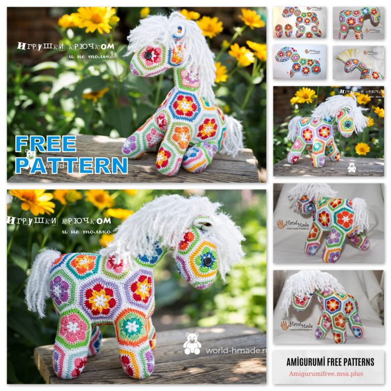 Amigurumi Horse Free Crochet Pattern with African Flower Motifs